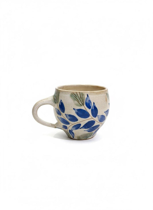 Fayoum pottery Hand-Painted Egyptian Mug: Fayoum Pottery, Blue Leaf Design - front view