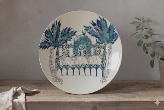 Fayoum pottery Large Hand-Painted Egyptian Pottery Bowl, Fayoum Ceramic Serveware, 47 cm Decorative Centerpiece - front view