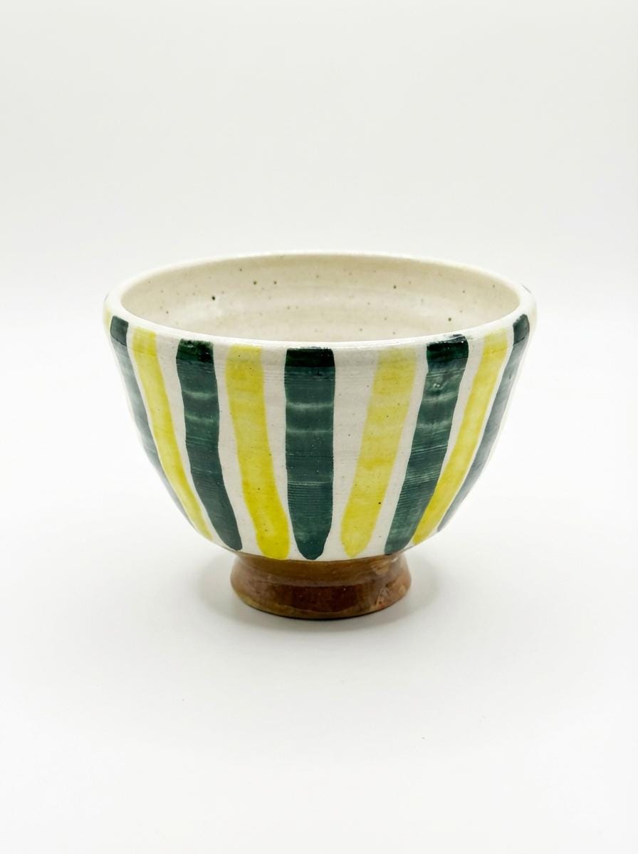 Fayoum pottery Handmade Fayoum Pottery Bowl – Yellow & Green Stripes, Egyptian Ceramic - front view