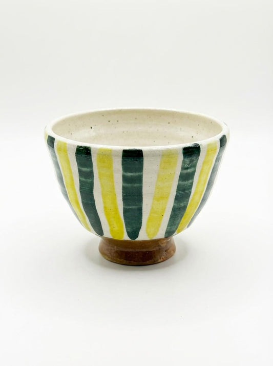 Fayoum pottery Handmade Fayoum Pottery Bowl – Yellow & Green Stripes, Egyptian Ceramic - front view