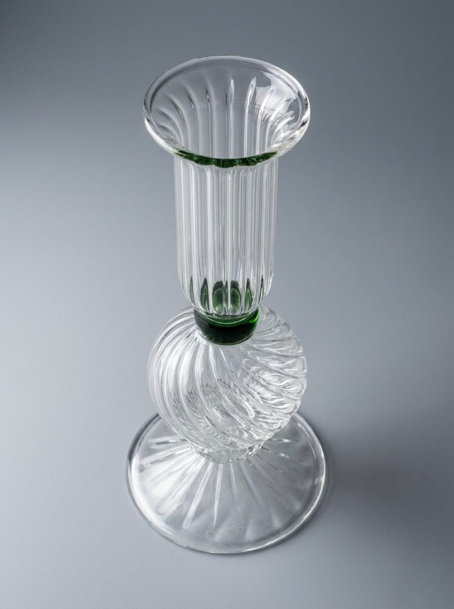 Handmade Hand Blown Ribbed Glass Candlestick with Green Collar 16 cm Egyptian Candle Holder by BEKYA