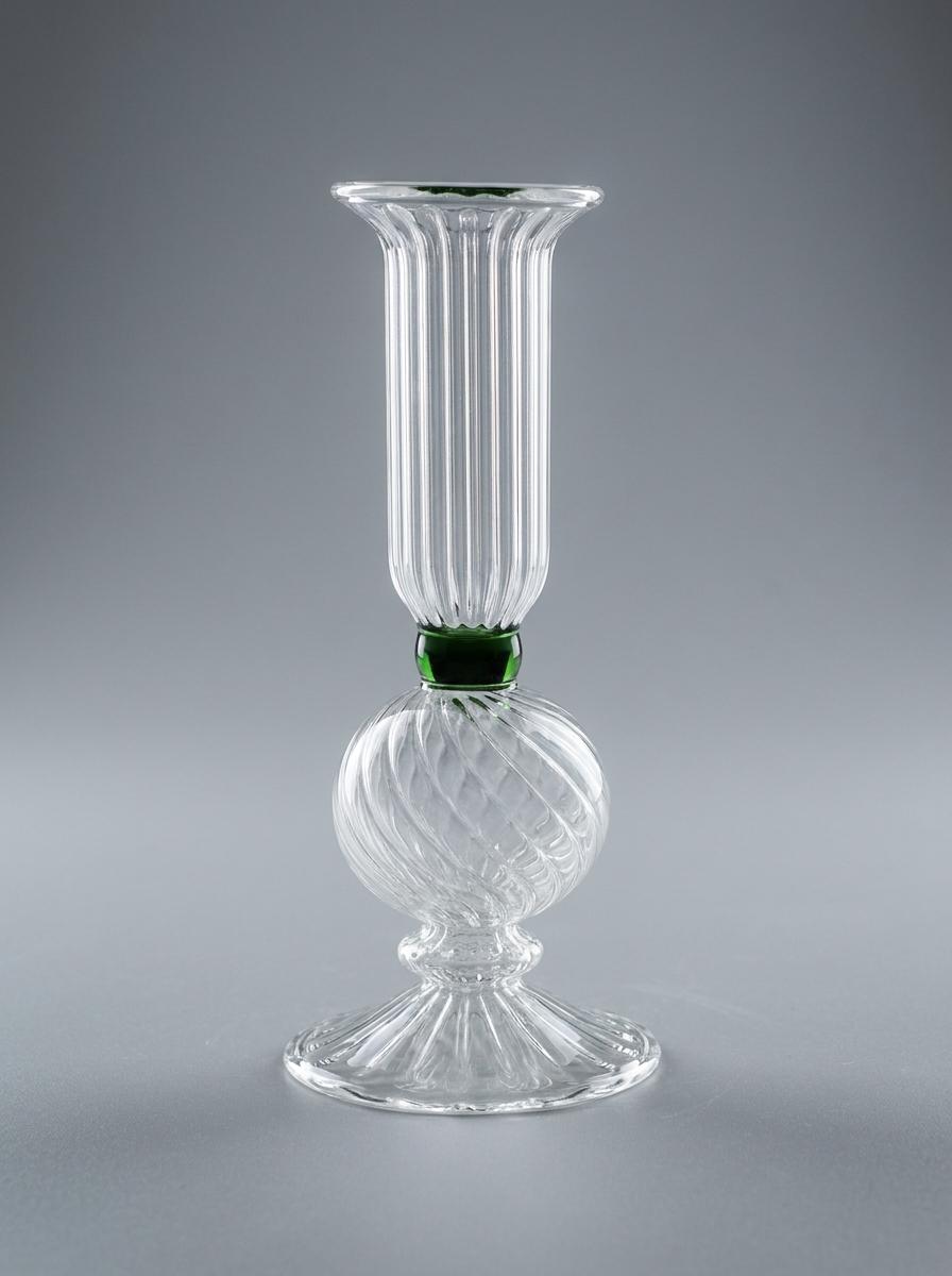 Handmade Hand Blown Ribbed Glass Candlestick with Green Collar 16 cm Egyptian Candle Holder by BEKYA