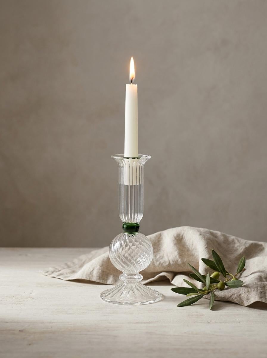 Handmade Hand Blown Ribbed Glass Candlestick with Green Collar 16 cm Egyptian Candle Holder by BEKYA