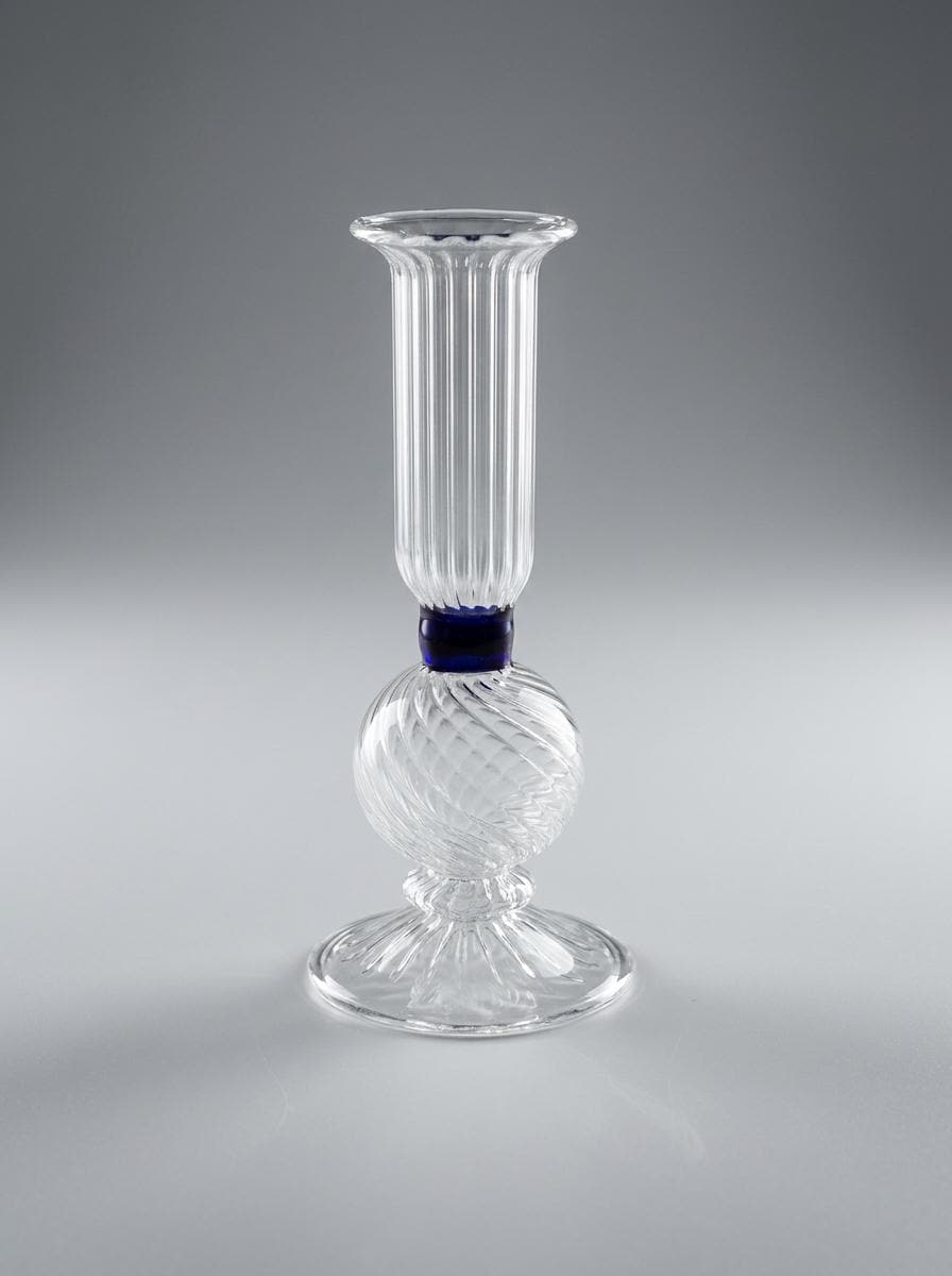Handmade Hand Blown Ribbed Glass Candlestick with Cobalt Blue Collar 16 cm Egyptian Candle Holder by BEKYA