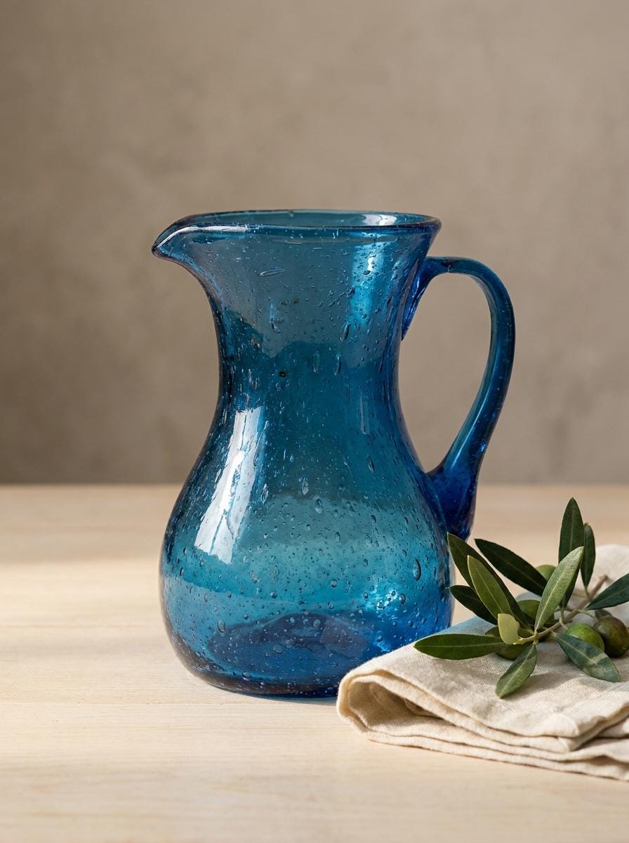 Handmade Turquoise Glass Jug 19 cm Hand Blown Egyptian Pitcher by BEKYA