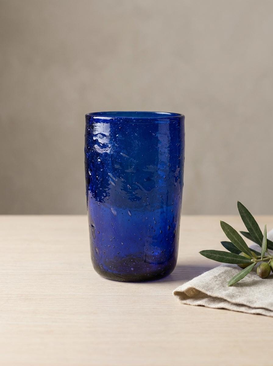 Handmade Cobalt Blue Hand Blown Glass Tumbler 13 cm Egyptian Artisan Drinkware by BEKYA