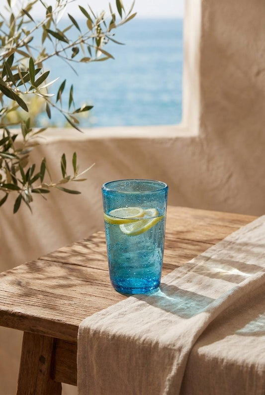 Handmade Turquoise Hand Blown Glass Tumbler 13 cm Egyptian Artisan Drinkware by BEKYA