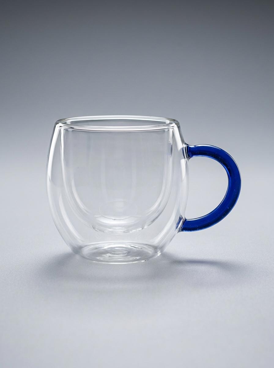 Handmade Hand Blown Double Walled Glass Tea Cup with Cobalt Blue Handle 8.5 cm by BEKYA