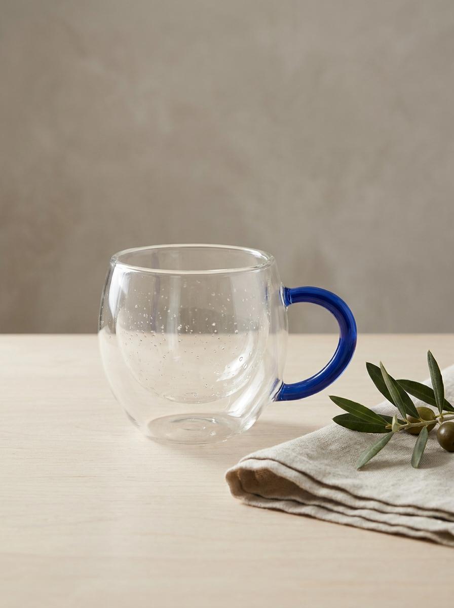 Handmade Hand Blown Double Walled Glass Tea Cup with Cobalt Blue Handle 8.5 cm by BEKYA
