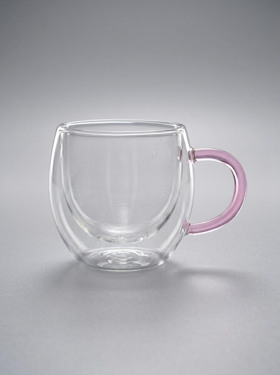 Handmade Hand Blown Double Walled Glass Tea Cup with Pink Handle 8.5 cm by BEKYA