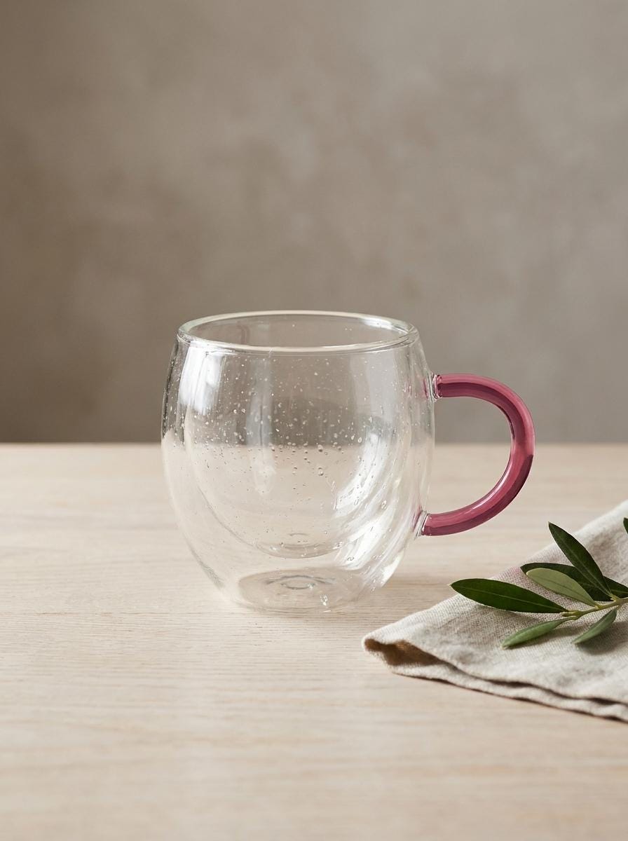 Handmade Hand Blown Double Walled Glass Tea Cup with Pink Handle 8.5 cm by BEKYA