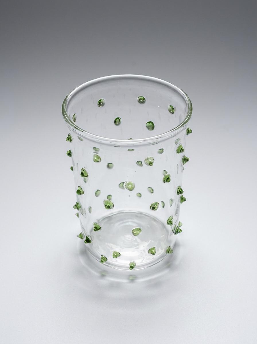 Handmade Hand Blown Glass Tumbler with Green Dots 10 cm Egyptian Artisan Drinkware by BEKYA