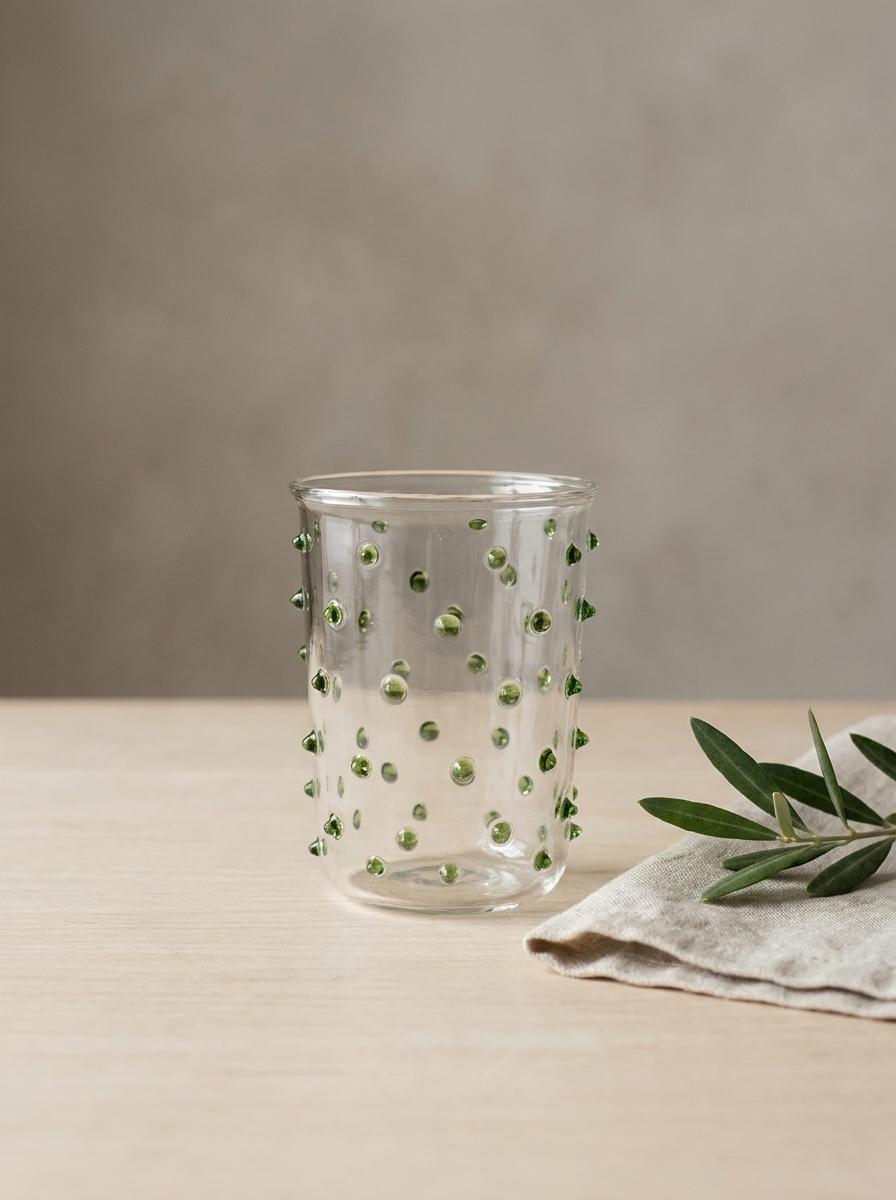 Handmade Hand Blown Glass Tumbler with Green Dots 10 cm Egyptian Artisan Drinkware by BEKYA
