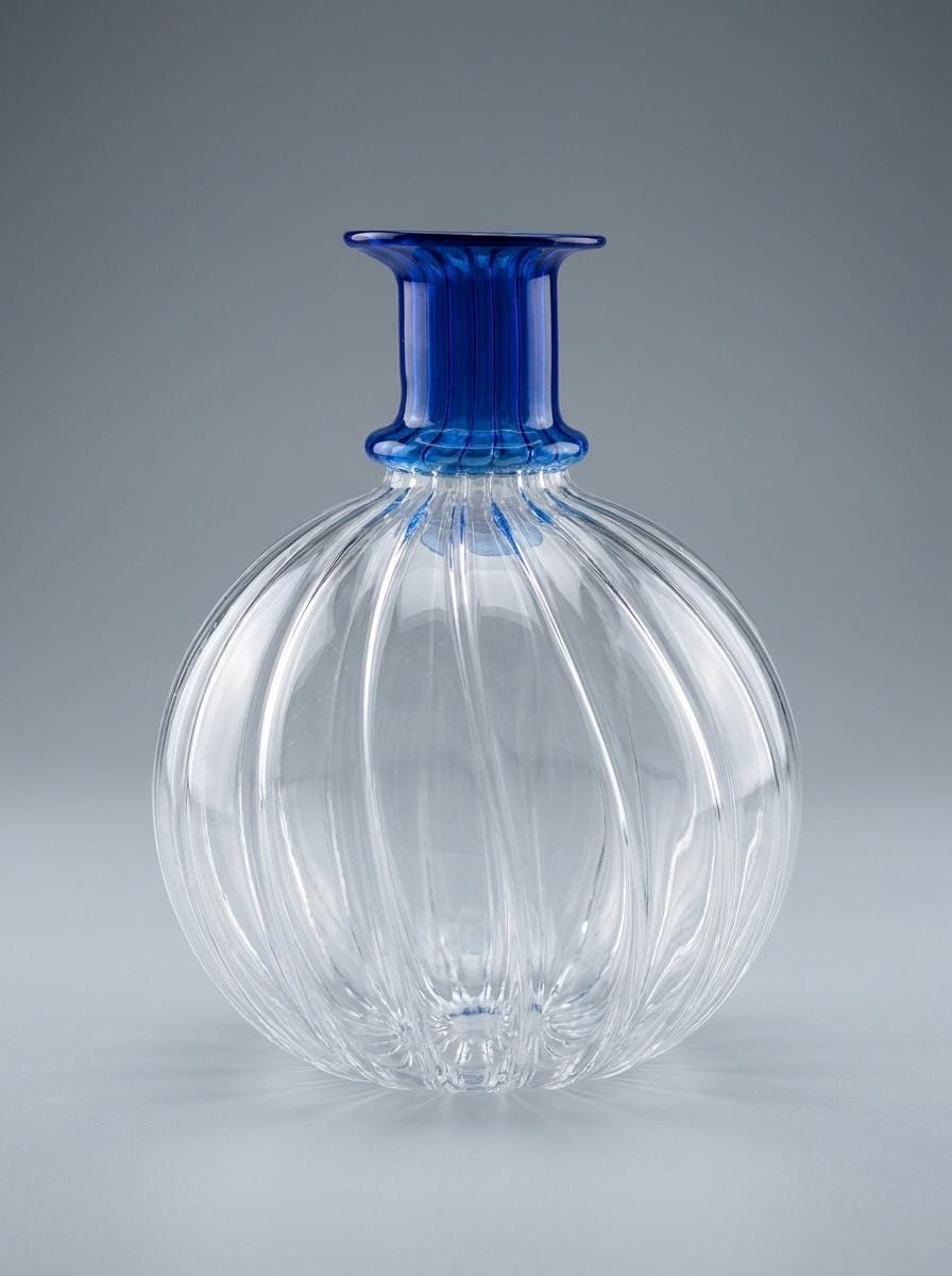 Handmade Hand Blown Ribbed Globe Glass Vase with Cobalt Blue Neck 17 cm Egyptian Artisan by BEKYA Limited