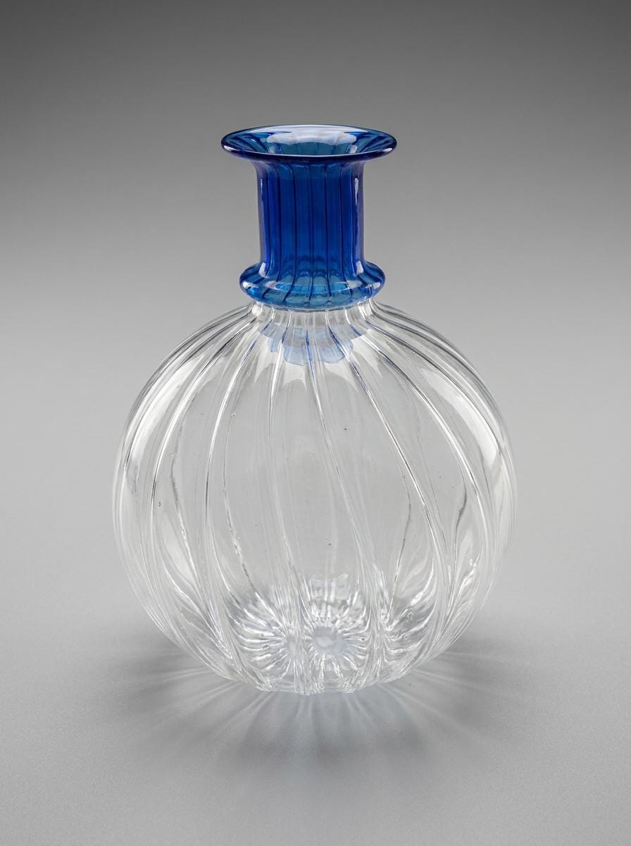 Handmade Hand Blown Ribbed Globe Glass Vase with Cobalt Blue Neck 17 cm Egyptian Artisan by BEKYA Limited