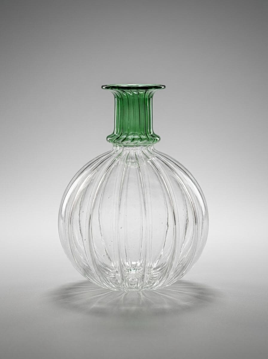 Handmade Hand Blown Ribbed Globe Glass Vase with Green Neck 17 cm Egyptian Artisan by BEKYA Limited