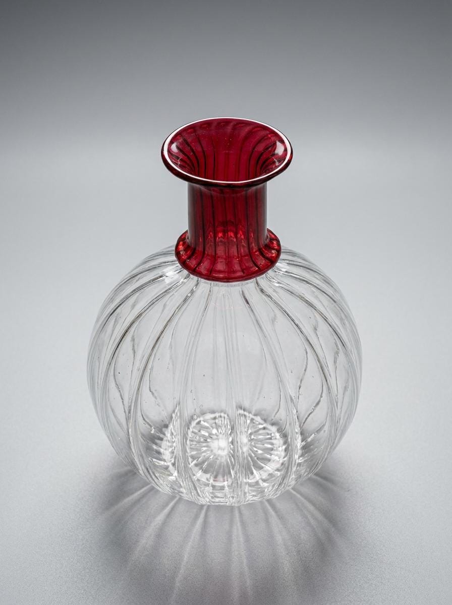 Handmade Hand Blown Ribbed Globe Glass Vase with Red Neck 17 cm Egyptian Artisan by BEKYA Limited