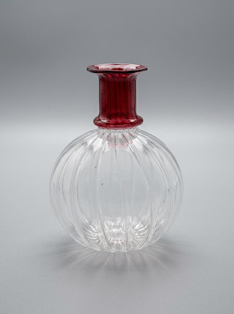 Handmade Hand Blown Ribbed Globe Glass Vase with Red Neck 17 cm Egyptian Artisan by BEKYA Limited