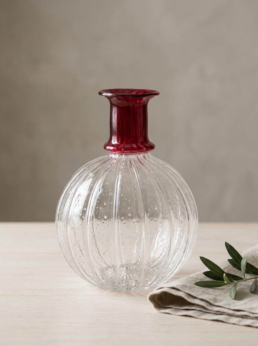 Handmade Hand Blown Ribbed Globe Glass Vase with Red Neck 17 cm Egyptian Artisan by BEKYA Limited