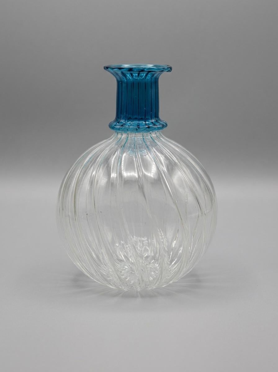 Handmade Hand Blown Ribbed Globe Glass Vase with Turquoise Neck 17 cm Egyptian Artisan by BEKYA Limited