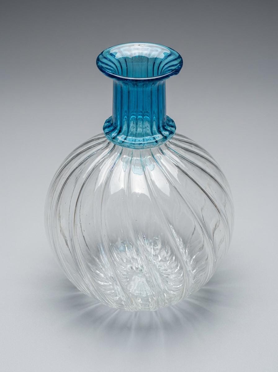 Handmade Hand Blown Ribbed Globe Glass Vase with Turquoise Neck 17 cm Egyptian Artisan by BEKYA Limited