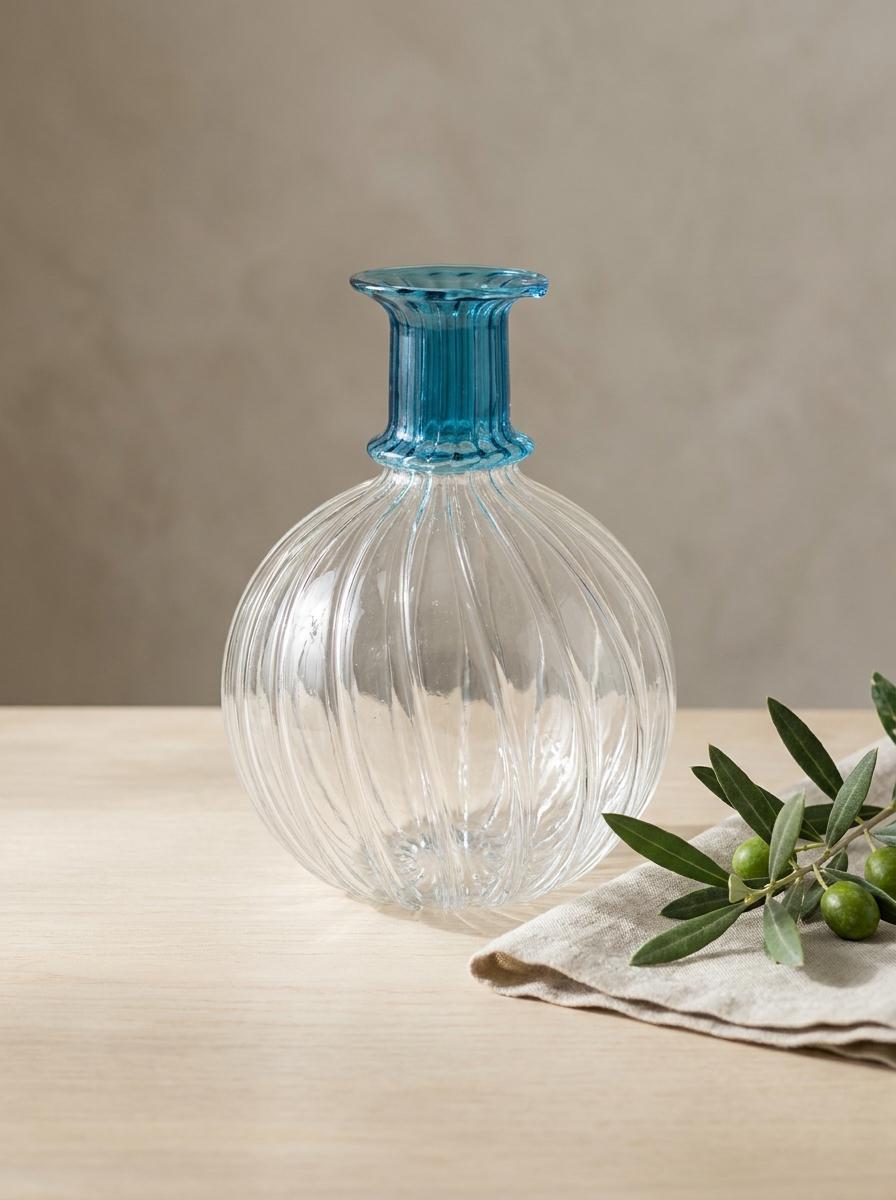 Handmade Hand Blown Ribbed Globe Glass Vase with Turquoise Neck 17 cm Egyptian Artisan by BEKYA Limited