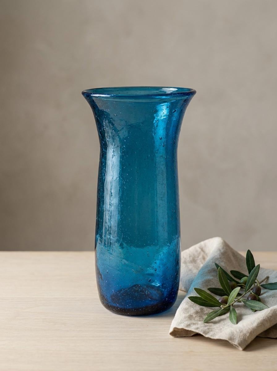 Handmade Turquoise Glass Vase 28 cm Flared Rim Hand Blown Egyptian by BEKYA