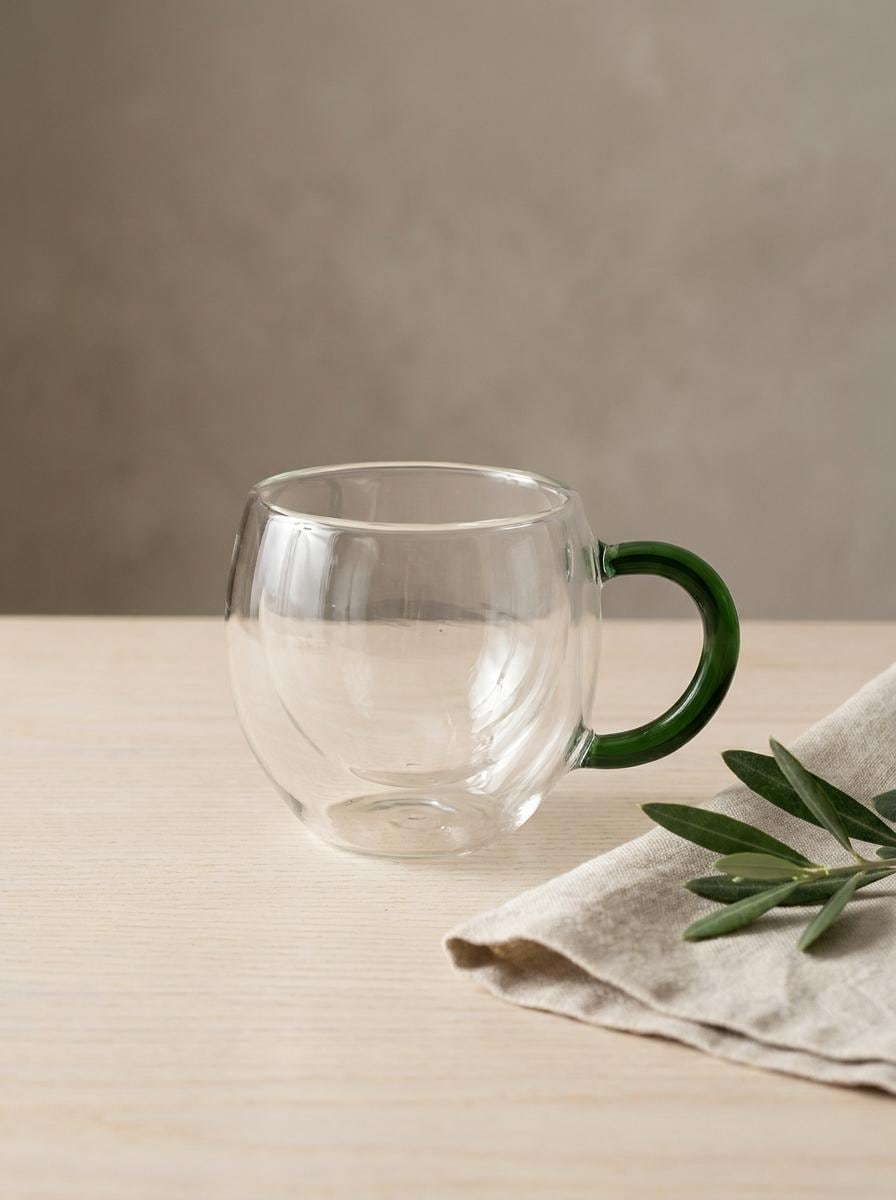 Handmade Hand Blown Double Walled Glass Tea Cup with Green Handle 8.5 cm by BEKYA