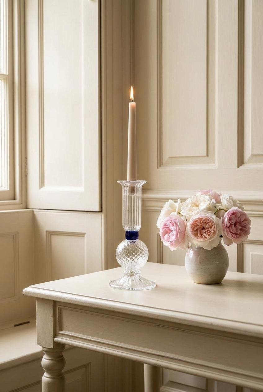 Handmade Hand Blown Ribbed Glass Candlestick with Cobalt Blue Collar 16 cm Egyptian Candle Holder by BEKYA