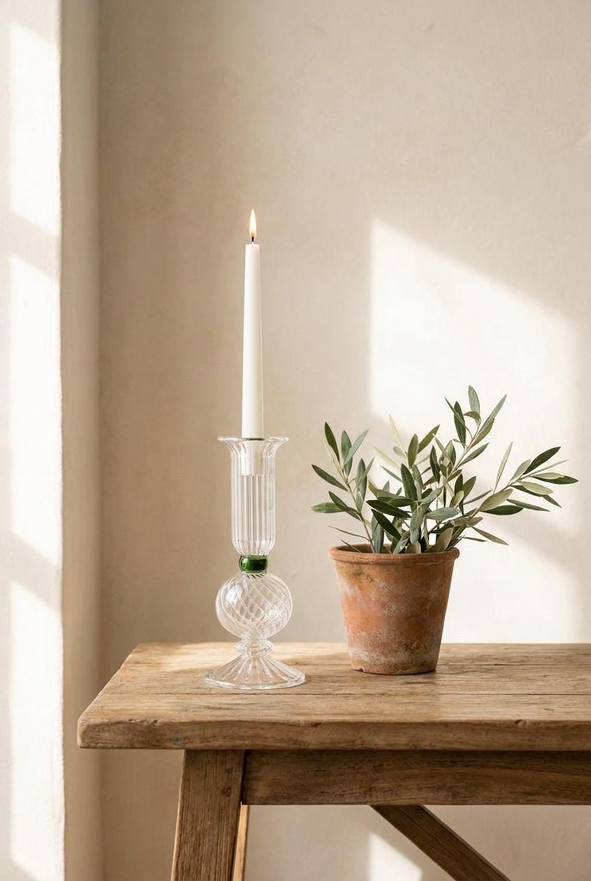 Handmade Hand Blown Ribbed Glass Candlestick with Green Collar 16 cm Egyptian Candle Holder by BEKYA