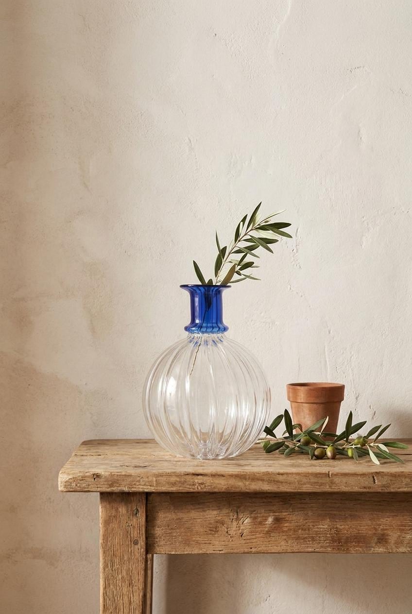 Handmade Hand Blown Ribbed Globe Glass Vase with Cobalt Blue Neck 17 cm Egyptian Artisan by BEKYA Limited