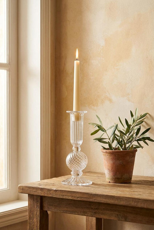 Handmade Ribbed Glass Candlestick 16 cm Hand Blown Egyptian Candle Holder by BEKYA