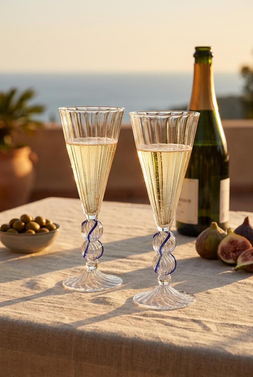 Pair of Handmade Hand Blown Champagne Glasses with Blue Twisted Stems 20 cm by BEKYA