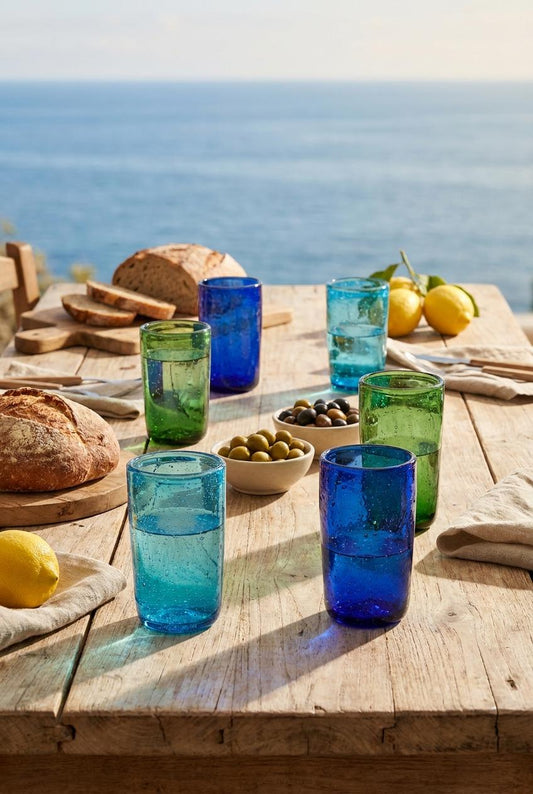 Set of 6 Handmade Hand Blown Glass Tumblers 13 cm Mixed Colours Egyptian Artisan by BEKYA