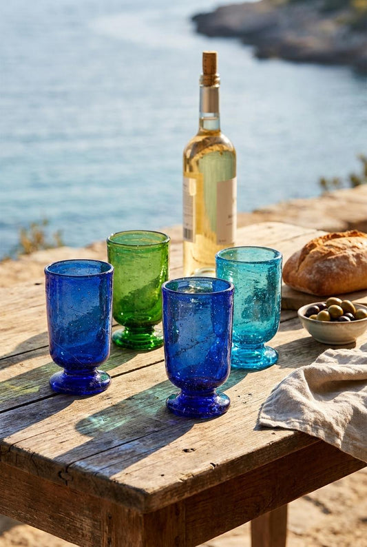 Set of 4 Handmade Hand Blown Glass Wine Goblets 11.5 cm Mixed Colours Egyptian Artisan by BEKYA