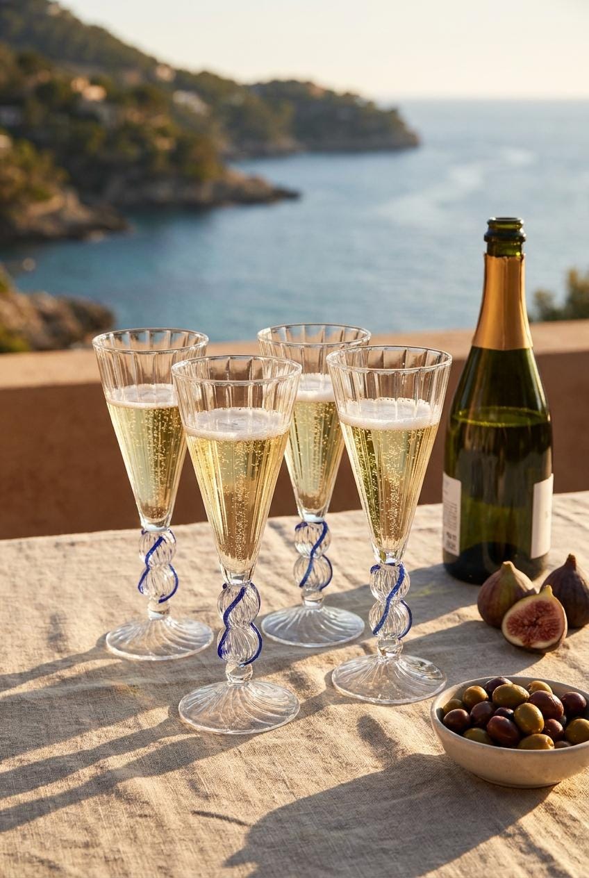 Set of 4 Handmade Hand Blown Champagne Glasses with Blue Twisted Stems 20 cm by BEKYA
