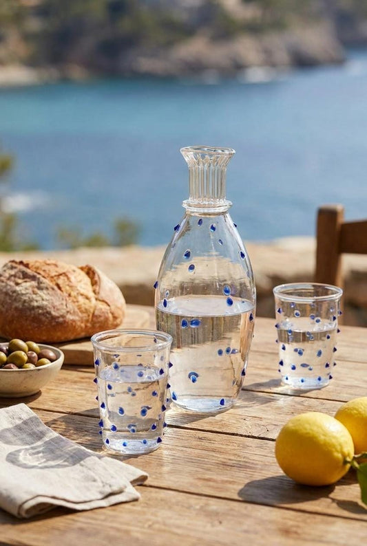 Handmade Glass Carafe Water Set with 2 Dotted Tumblers Hand Blown Egyptian Artisan by BEKYA