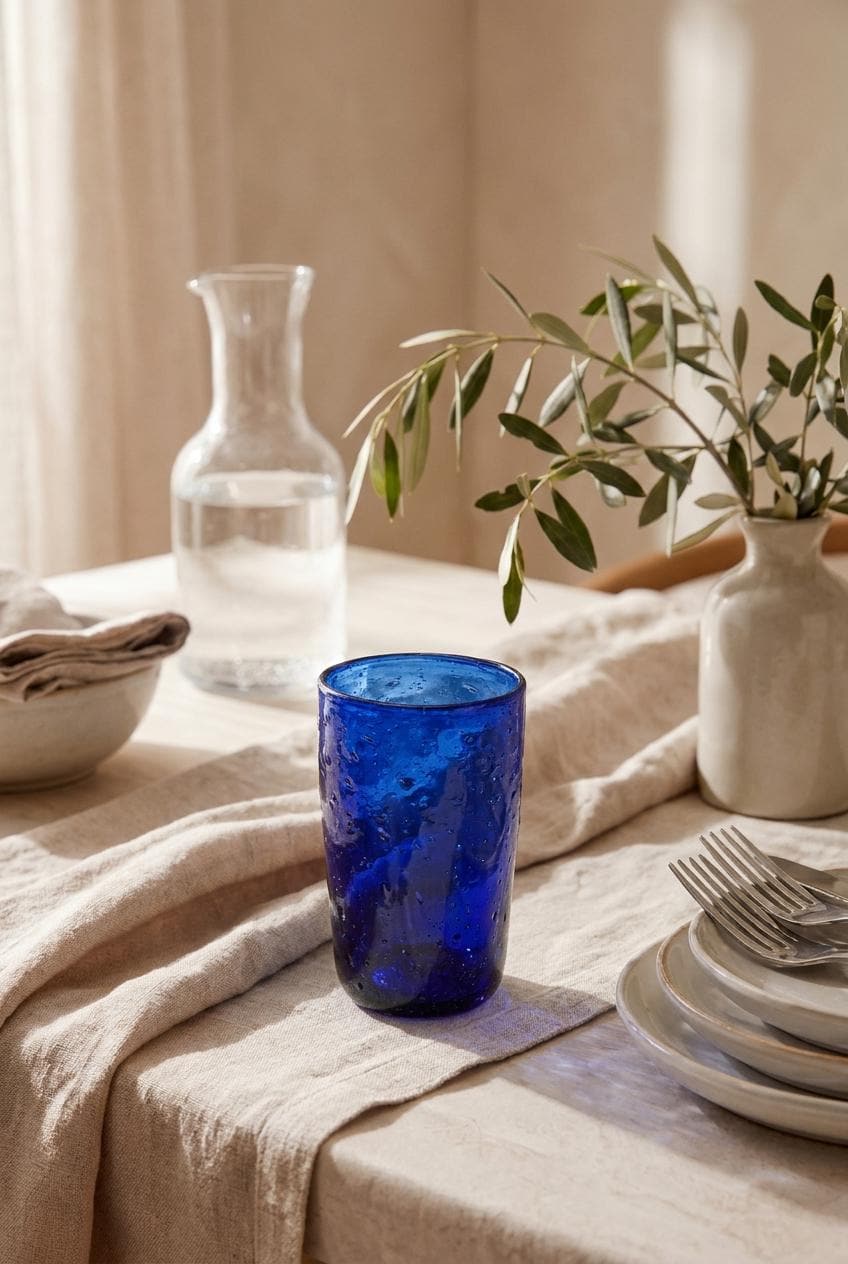 Handmade Cobalt Blue Hand Blown Glass Tumbler 13 cm Egyptian Artisan Drinkware by BEKYA