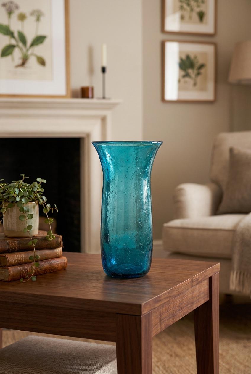 Handmade Turquoise Glass Vase 28 cm Flared Rim Hand Blown Egyptian by BEKYA