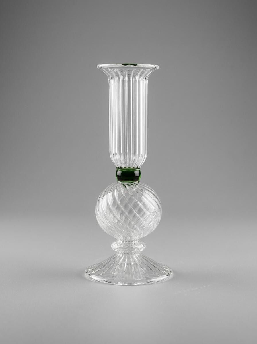 Handmade Hand Blown Ribbed Glass Candlestick with Green Collar 16 cm Egyptian Candle Holder by BEKYA