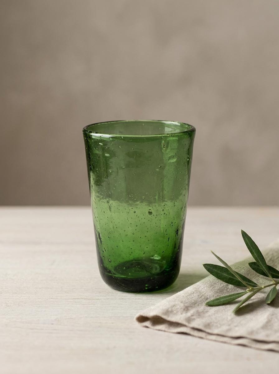 Handmade Green Hand Blown Glass V-Shaped Tumbler 10 cm Egyptian Artisan Drinkware by BEKYA
