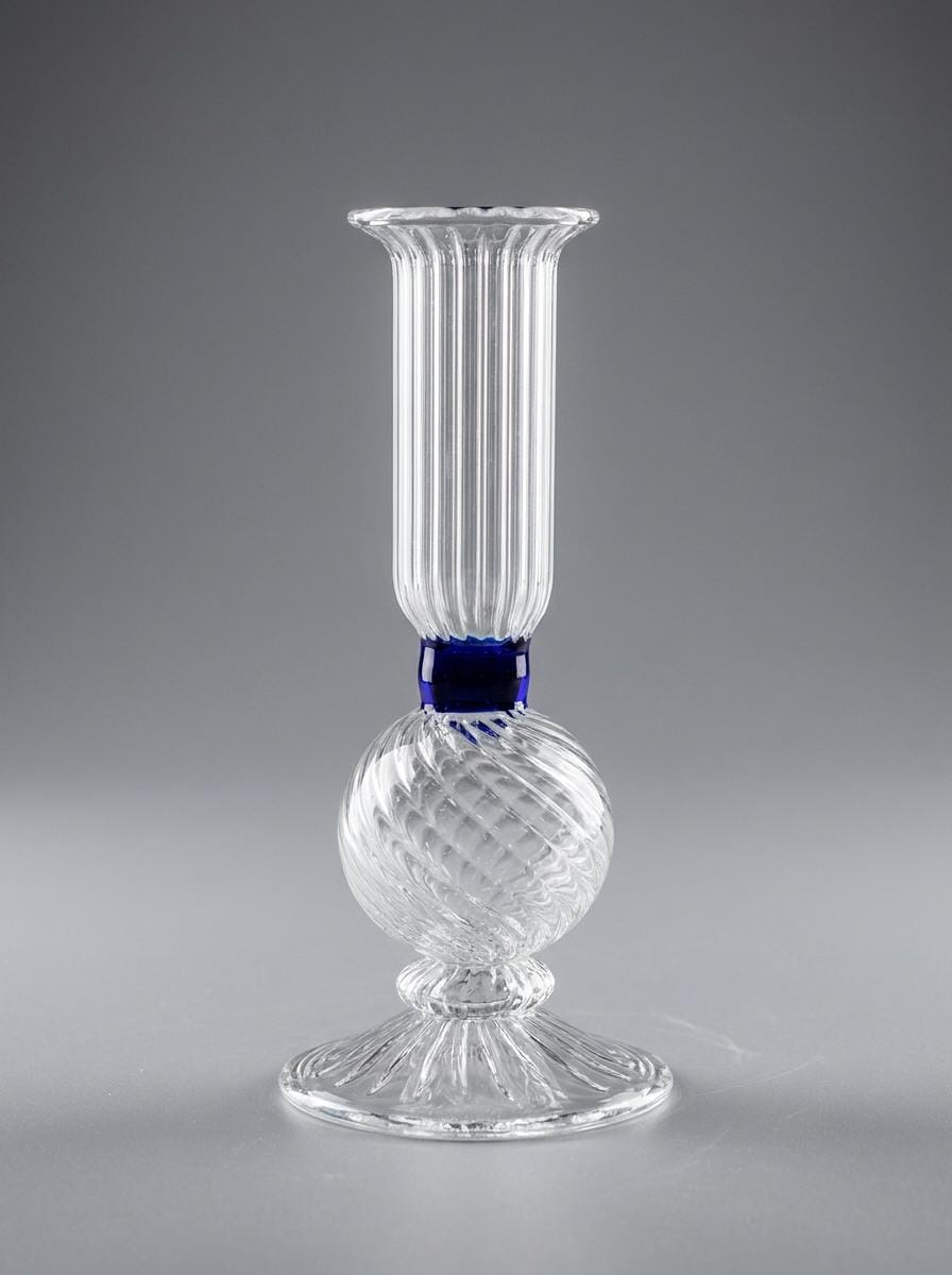 Handmade Hand Blown Ribbed Glass Candlestick with Cobalt Blue Collar 16 cm Egyptian Candle Holder by BEKYA