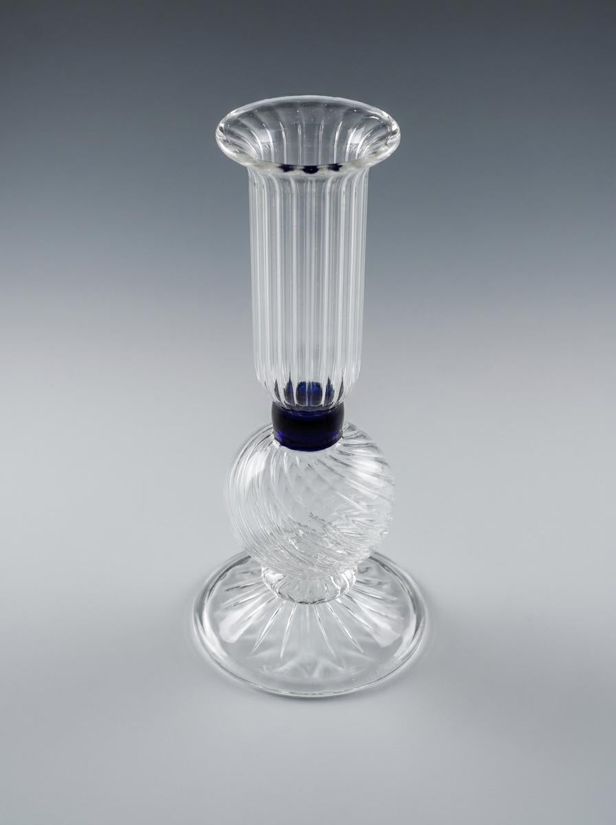 Handmade Hand Blown Ribbed Glass Candlestick with Cobalt Blue Collar 16 cm Egyptian Candle Holder by BEKYA