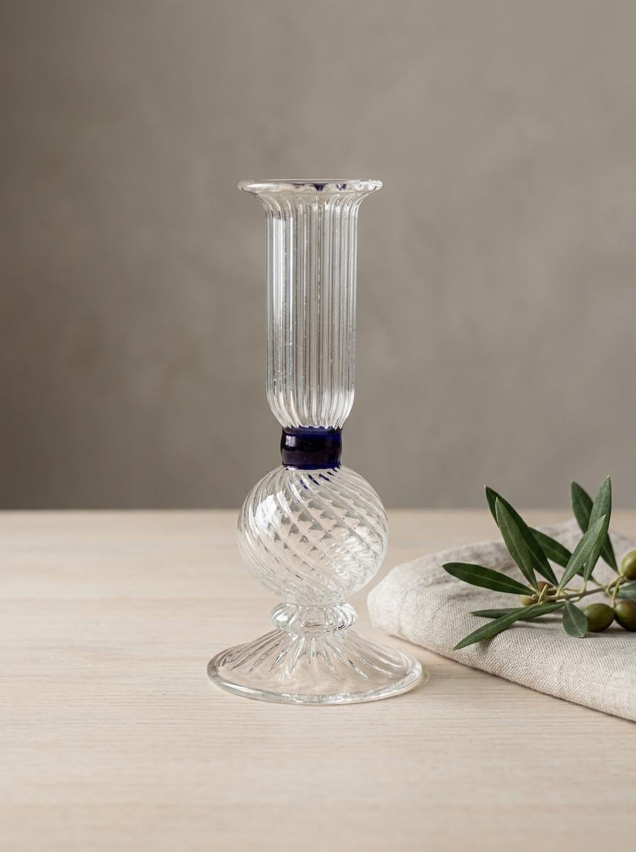 Handmade Hand Blown Ribbed Glass Candlestick with Cobalt Blue Collar 16 cm Egyptian Candle Holder by BEKYA
