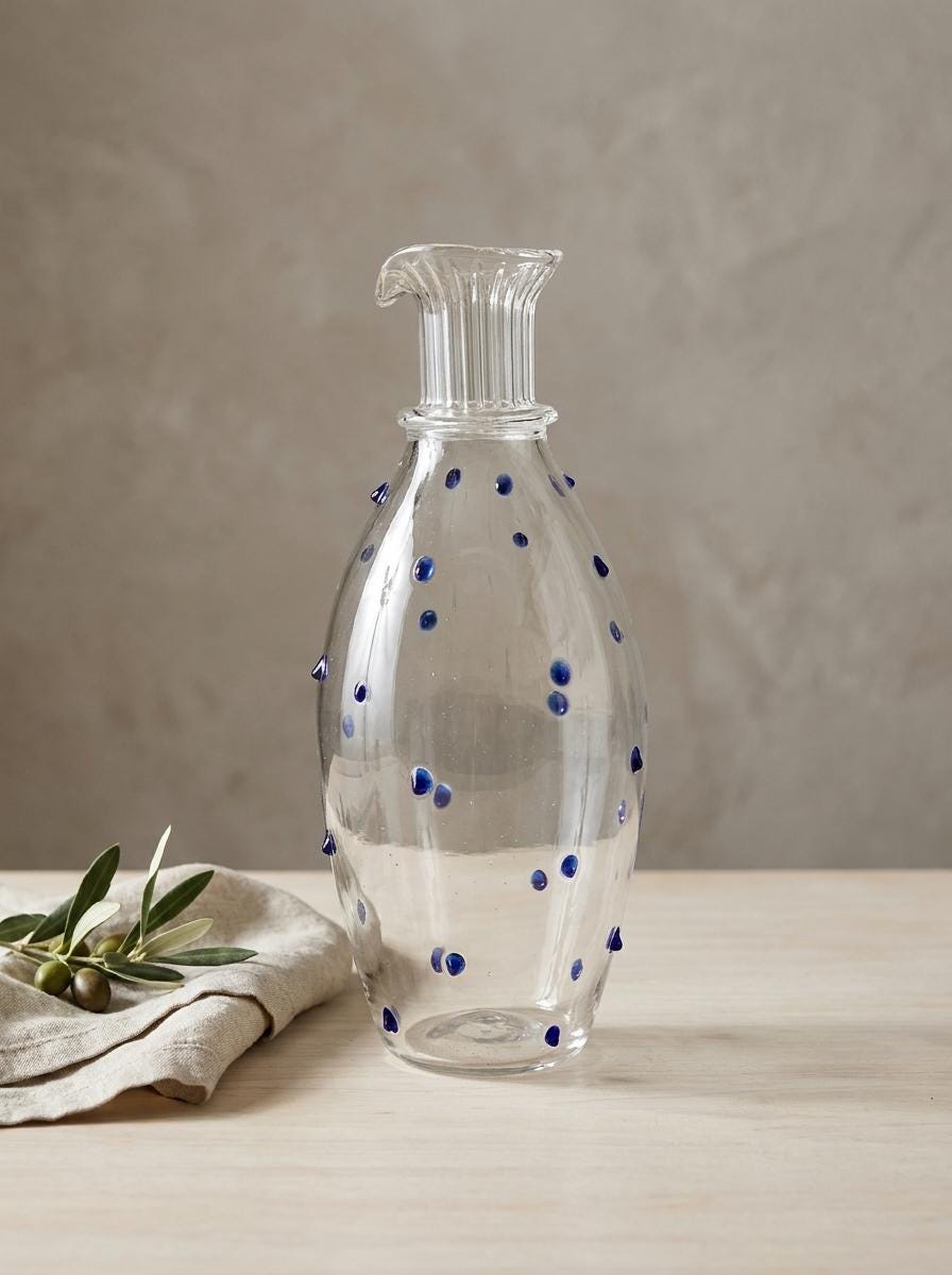 Handmade Glass Carafe with Cobalt Blue Dots 26.5 cm Hand Blown Egyptian Artisan by BEKYA