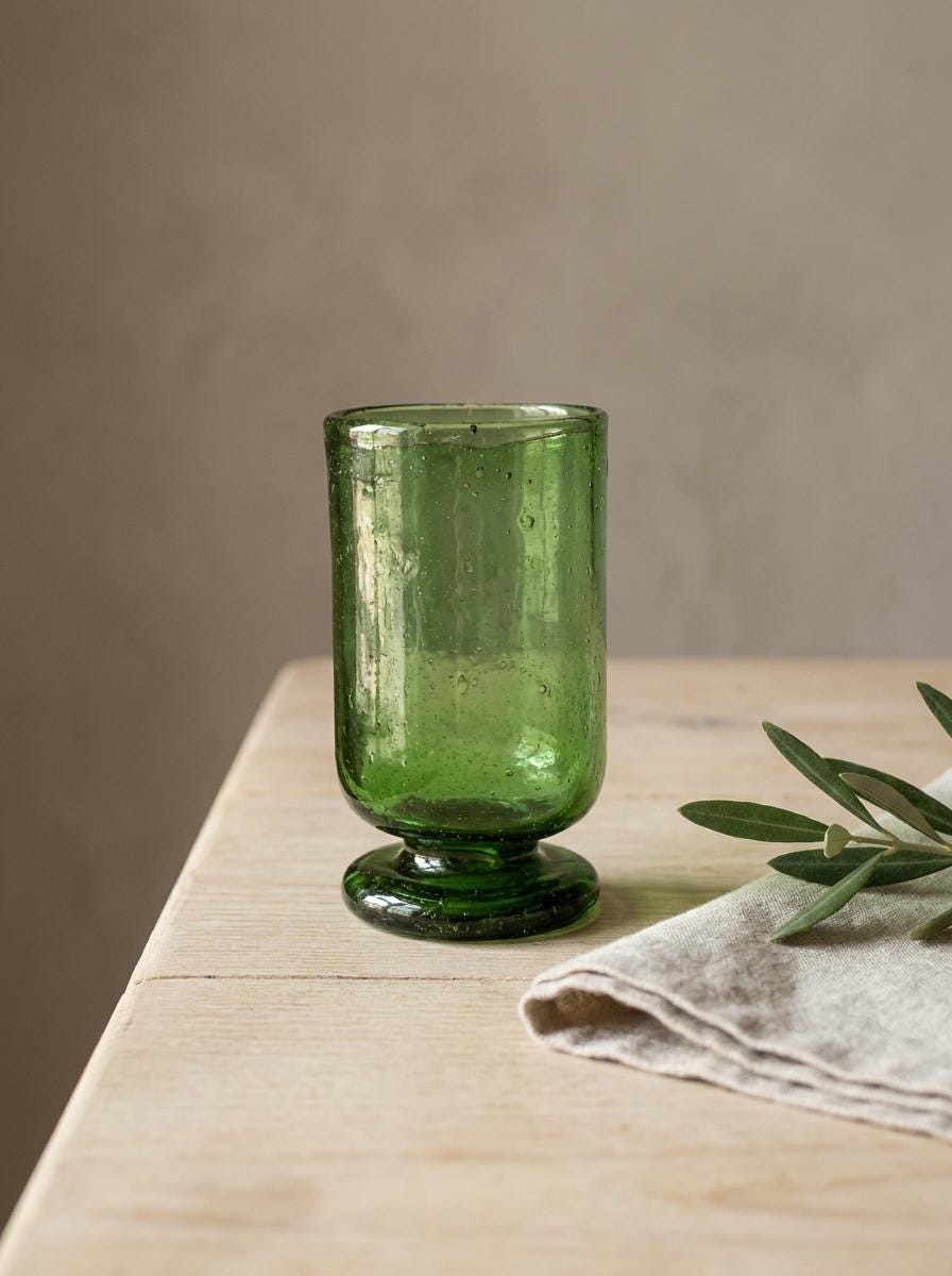 Handmade Green Hand Blown Glass Wine Goblet 11.5 cm Egyptian Artisan Drinkware by BEKYA