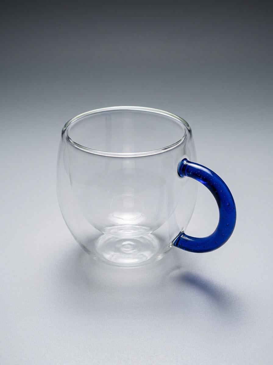 Handmade Hand Blown Double Walled Glass Tea Cup with Cobalt Blue Handle 8.5 cm by BEKYA
