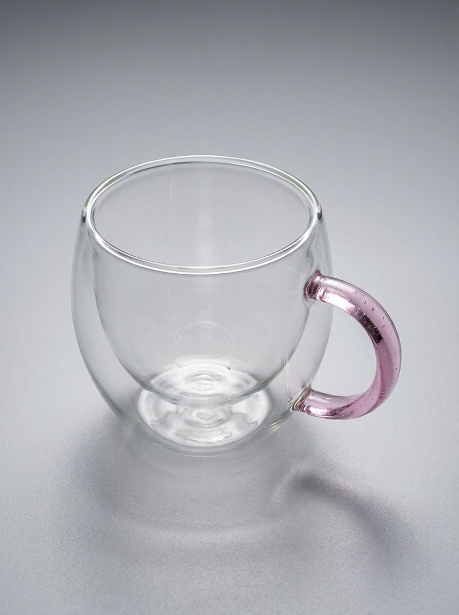 Handmade Hand Blown Double Walled Glass Tea Cup with Pink Handle 8.5 cm by BEKYA