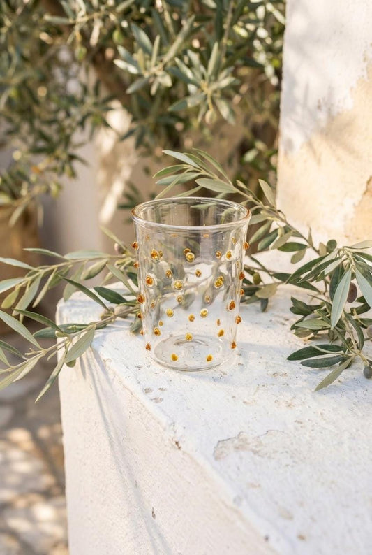 Handmade Hand Blown Glass Tumbler with Amber Dots 10 cm Egyptian Artisan Drinkware by BEKYA