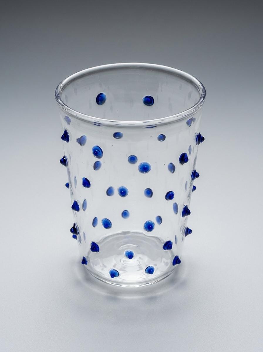 Handmade Hand Blown Glass Tumbler with Cobalt Blue Dots 10 cm Egyptian Artisan Drinkware by BEKYA
